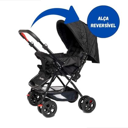 Imagem de Carrinho de Bebê Passeio Prime Baby Berço Preto Rover com Alça Reversível Encosto Reclinável Capota com Visor Até 15kg