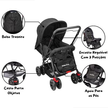 Imagem de Carrinho de Bebê Passeio Prime Baby Berço Preto Rover com Alça Reversível Encosto Reclinável Capota com Visor Até 15kg
