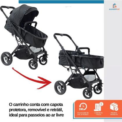 Imagem de Carrinho de Bebê Passeio Reversível Moisés Magnus 15Kg Compacto Confortável Ajustável Capota Visor Cesto 4 Rodas Preto