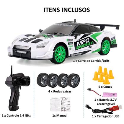 Imagem de Carrinho de Corrida Controle Drift 4x4 Recarregável Escala 1:24 com 4 Rodas Extras