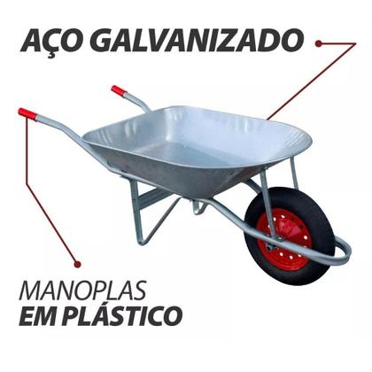 Imagem de Carrinho de Mão Botafogo 55 Litros Chapa 24, Pneu Câmara Galvanizado 3,25X8