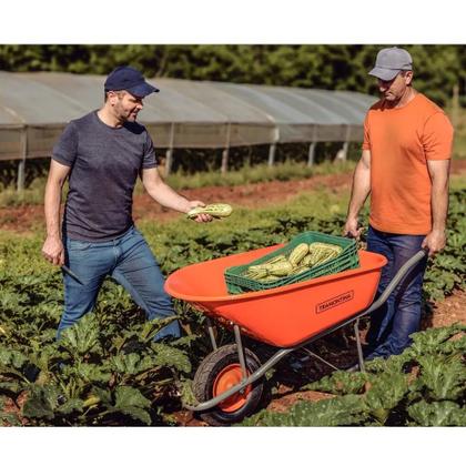 Imagem de Carrinho de Mão Caçamba Plástica Laranja Extrafunda 110 L Braço Metálico Pneu com Câmara Tramontina