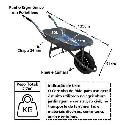 Imagem de Carrinho de Mão em Aço Carbono Pneu e Câmara Chapa 24mm 50L