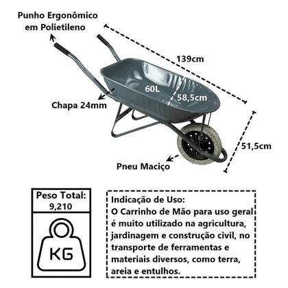 Imagem de Carrinho De Mão Em Aço Carbono Pneu Maciço Chapa 24mm 60l
