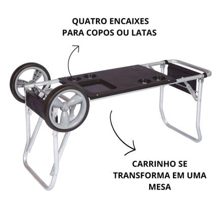 Imagem de Carrinho De Praia Com Avanço Transporta Cadeiras Cooler Caixa Térmica Vira Mesa Com Porta Copos