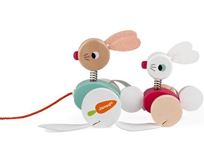 Imagem de Carrinho Didático Coelhos para Passear em Madeira e Cordinha para Puxar