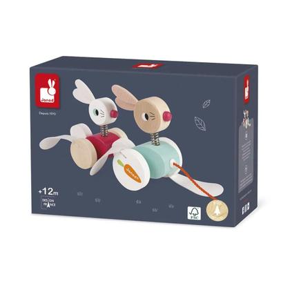 Imagem de Carrinho Didático Coelhos para Passear em Madeira e Cordinha para Puxar