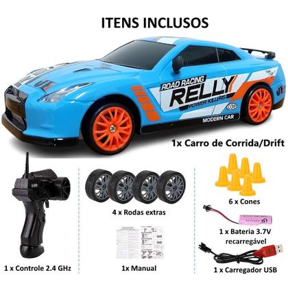 Imagem de Carrinho Drift Carro para Manobras 4x4 Recarregável 2.4Ghz Escala 1:24 GTR Azul