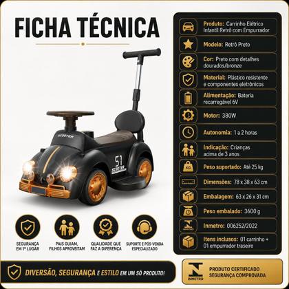Imagem de Carrinho Eletrico Infantil Fusca Retro Fusquinha Com Luzes Sons e Empurrador Passeio Criança 3 Anos+