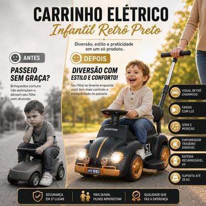Imagem de Carrinho Eletrico Infantil Fusca Retro Fusquinha Com Luzes Sons e Empurrador Passeio Criança 3 Anos+