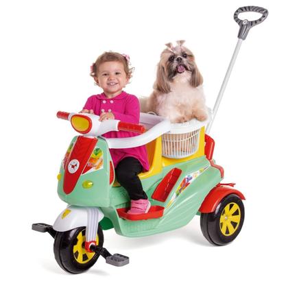 Imagem de Carrinho Infantil Moto Duo Passeio e Pedal Com 2 Lugares + 2 Capacetes + 1 Cesto Para Pet Calesita