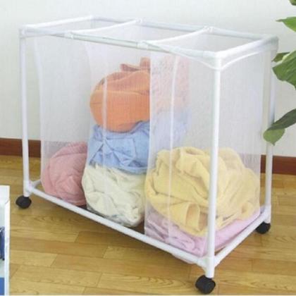 Imagem de Carrinho Lavanderia Triplo Cesto Roupas Com 3 Divisórias