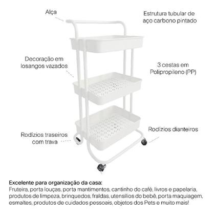 Imagem de Carrinho Multiuso 3 Prateleiras com Rodinhas Branco Simplifique sua Vida com Estilo