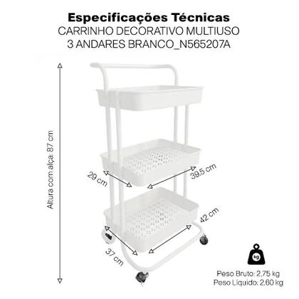 Imagem de Carrinho Multiuso 3 Prateleiras com Rodinhas Branco Simplifique sua Vida com Estilo