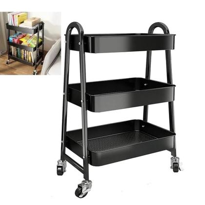 Imagem de Carrinho Multiuso Organizador Brinquedos Sala Cozinha Manicure 3 Prateleiras Auxiliar Em Aço Preto