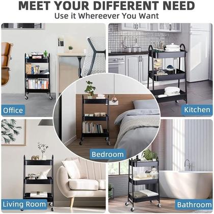 Imagem de Carrinho Multiuso Organizador Brinquedos Sala Cozinha Manicure 3 Prateleiras Auxiliar Em Aço Preto