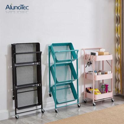 Imagem de Carrinho Multiuso Organizador Dobrável de Aço Rosa com 3 Prateleiras para Quarto, Sala, Manicure e Brinquedo