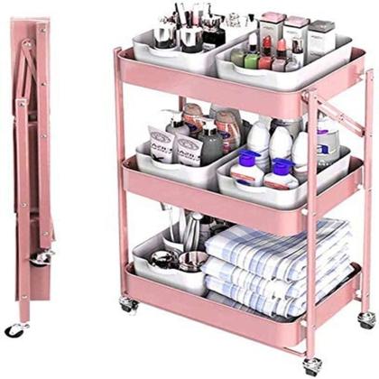 Imagem de Carrinho Multiuso Organizador Dobrável de Aço Rosa com 3 Prateleiras para Quarto, Sala, Manicure e Brinquedo