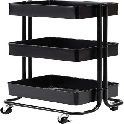 Imagem de Carrinho Multiuso Organizadora 3 Prateleiras Em Aço Preta Quarto Sala Brinquedos Salao Manicure