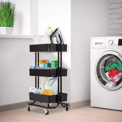 Imagem de Carrinho Multiuso Organizadora 3 Prateleiras Em Aço Preta Quarto Sala Brinquedos Salao Manicure Varanda