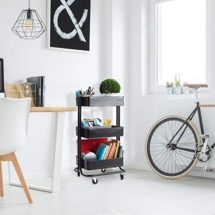 Imagem de Carrinho Multiuso Organizadora 3 Prateleiras Em Aço Preta Quarto Sala Brinquedos Salao Manicure Varanda