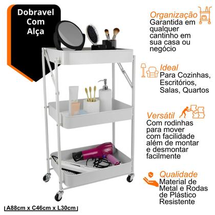 Imagem de Carrinho Organizador Branco Com 3 Prateleiras Dobravel Auxiliar Manicure Cabelereiro Quarto Cozinha