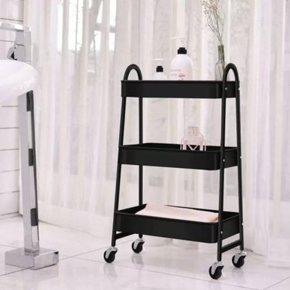 Imagem de Carrinho Organizador com 3 Prateleiras, Metal Preto, com Rodízios, para Cozinha e Banheiro GLOBALMIX