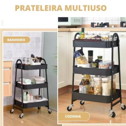 Imagem de Carrinho Organizador com 3 Prateleiras, Metal Preto, com Rodízios, para Cozinha e Banheiro GLOBALMIX