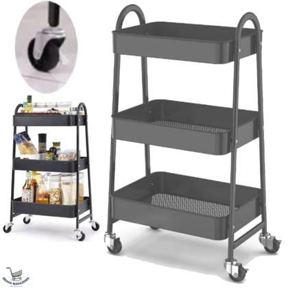 Imagem de Carrinho Organizador com 3 Prateleiras, Metal Preto, com Rodízios, para Cozinha e Banheiro GLOBALMIX