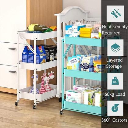 Imagem de Carrinho organizador dobrável com rodinhas 3 cestos vazados em aço verde