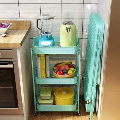 Imagem de Carrinho organizador dobrável com rodinhas 3 cestos vazados em aço verde