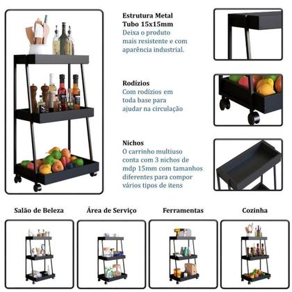 Imagem de Carrinho Organizador Multiuso 03 Prateleiras P1032 Preto Pp Milani Store Preto