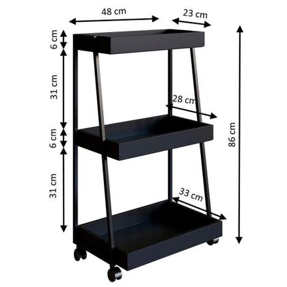 Imagem de Carrinho Organizador Multiuso 03 Prateleiras P1032 Preto Pp Milani Store Preto