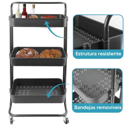 Imagem de Carrinho Organizador Multiuso 3 Prateleiras Cozinha Banheiro Preto, Bege
