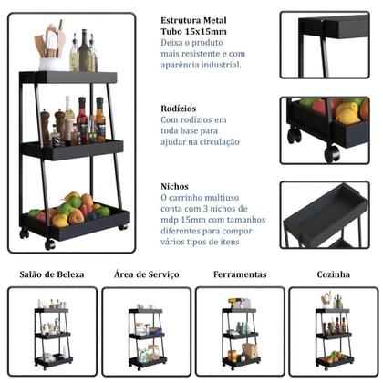 Imagem de Carrinho Organizador Multiuso 3 Prateleiras E Rodinhas Preto