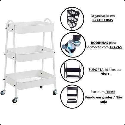 Imagem de Carrinho Organizador Multiuso 3 Prateleiras Metal Rodinhas