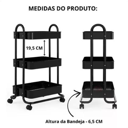Imagem de Carrinho Organizador Multiuso 3 Prateleiras Preto Com Rodas