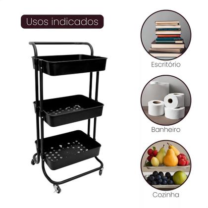 Imagem de Carrinho Organizador Multiuso Laterais Aço - 3 Prateleiras Cor Preto