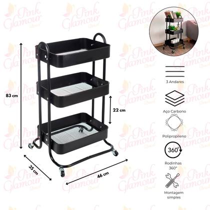 Imagem de Carrinho Organizador Salão 3 Andares Aço Rodinha Portátil