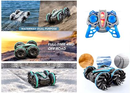 Imagem de Carrinho Preto Azul Com Controle Remoto anda na Terra & Água Com Tração 4x4