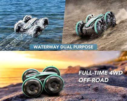 Imagem de Carrinho Preto Azul Com Controle Remoto anda na Terra & Água Com Tração 4x4