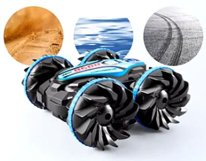 Imagem de Carrinho Preto Azul Com Controle Remoto anda na Terra & Água Com Tração 4x4