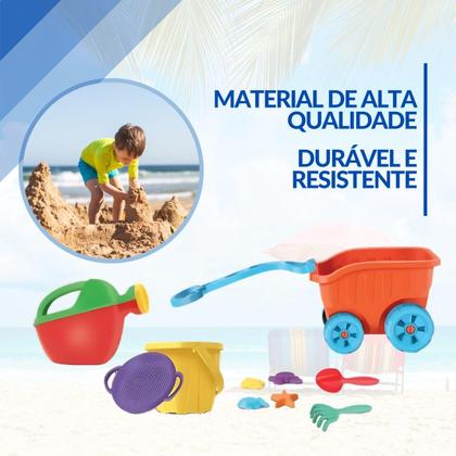 Imagem de Carriola Infantil De Brinquedo Praia Areia Com Rodinha Kit Completo Baldinho Regador