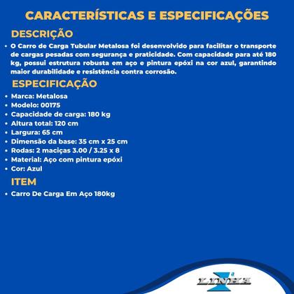 Imagem de Carro De Carga Em Aço 180kg Pneu Maciço 18a Azul Metalosa