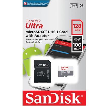 Imagem de Cartão de Memória SanDisk Ultra MicroSD UHS-I, 128GB, 100MB/s, com adaptador - SDSQUNR-128G-GN3MA