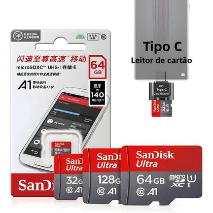 Imagem de Cartão Micro SD SanDisk A1 De 256GB 128GB 64GB 32GB Classe 10 UHS-1 Com Leitor Tipo-C