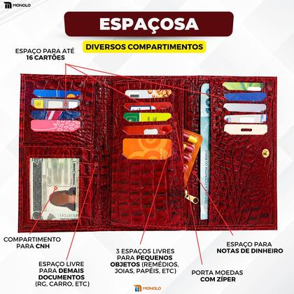 Imagem de Carteira Couro Feminina Grande Zíper Croco Premium Porta Cartão Elegante Luxo Monolo - Preto - Único - Feminina