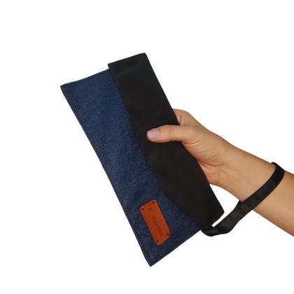 Imagem de Carteira Feminina Necessaire Jeans Nylon Cluth envelope Alça Mão Porta celular óculos cartão dinheiro maquiagem moda