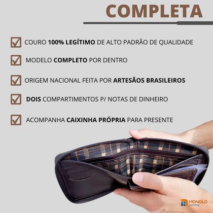 Imagem de Carteira Masculina Couro Legítimo Grande com Ziper externo Completa grande executiva porta Cartão Documentos RG CNH