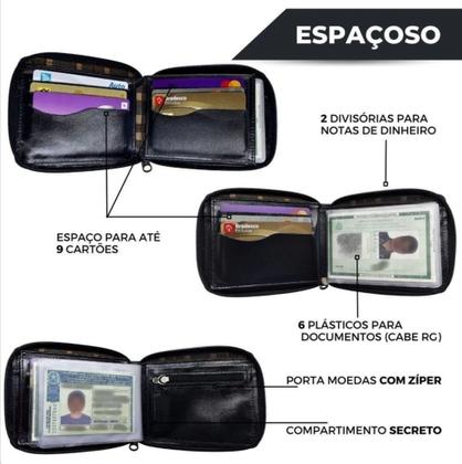 Imagem de Carteira Masculina Couro Legitimo Lisa pequena Marrom Preto Porta Cartão Moedas RG CNH com Ziper Presente Pais + Caixa